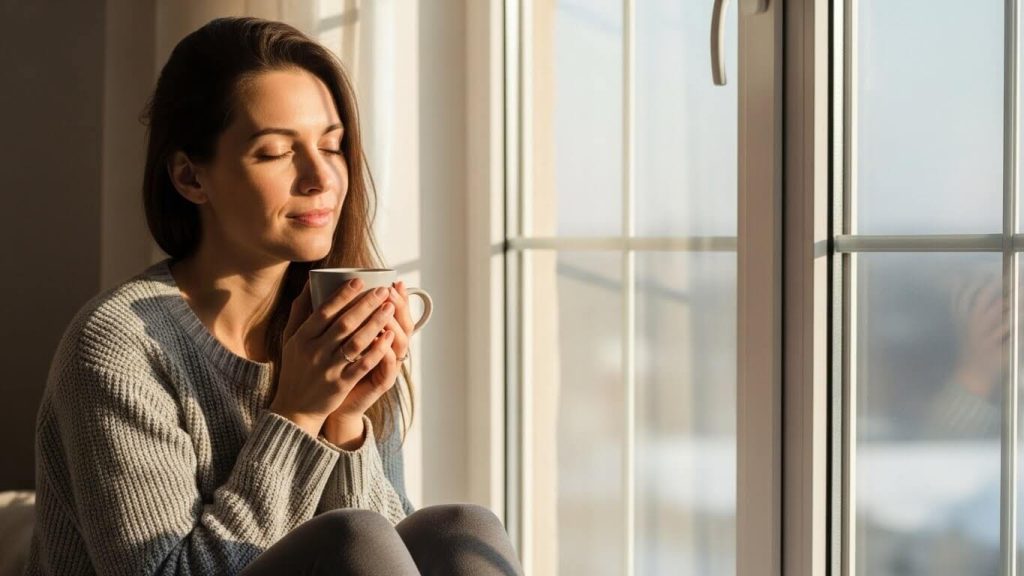 Mujer disfrutando una mañana tranquila junto a la luz natural del amanecer, representando un inicio del día en calma y sin prisa.