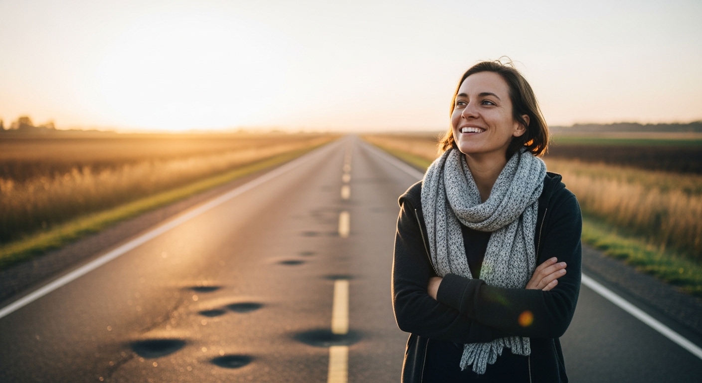 Persona en un camino con expresión de calma y satisfacción, simbolizando aceptar el proceso imperfecto y avanzar con autocompasión viviendo con TDAH.