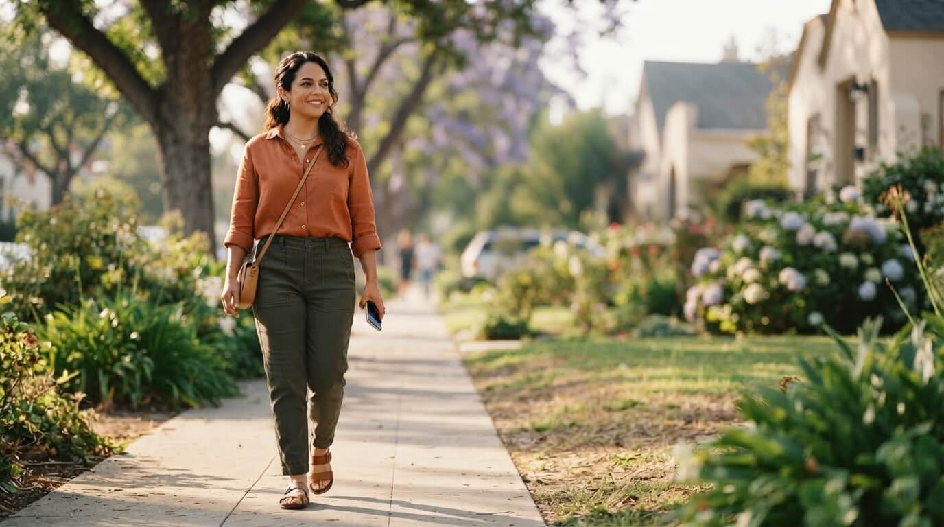 Mujer caminando tranquila y sonriente por una calle soleada con el celular en la mano, representando soltar la opinión ajena y seguir con su día aunque la malinterpreten.